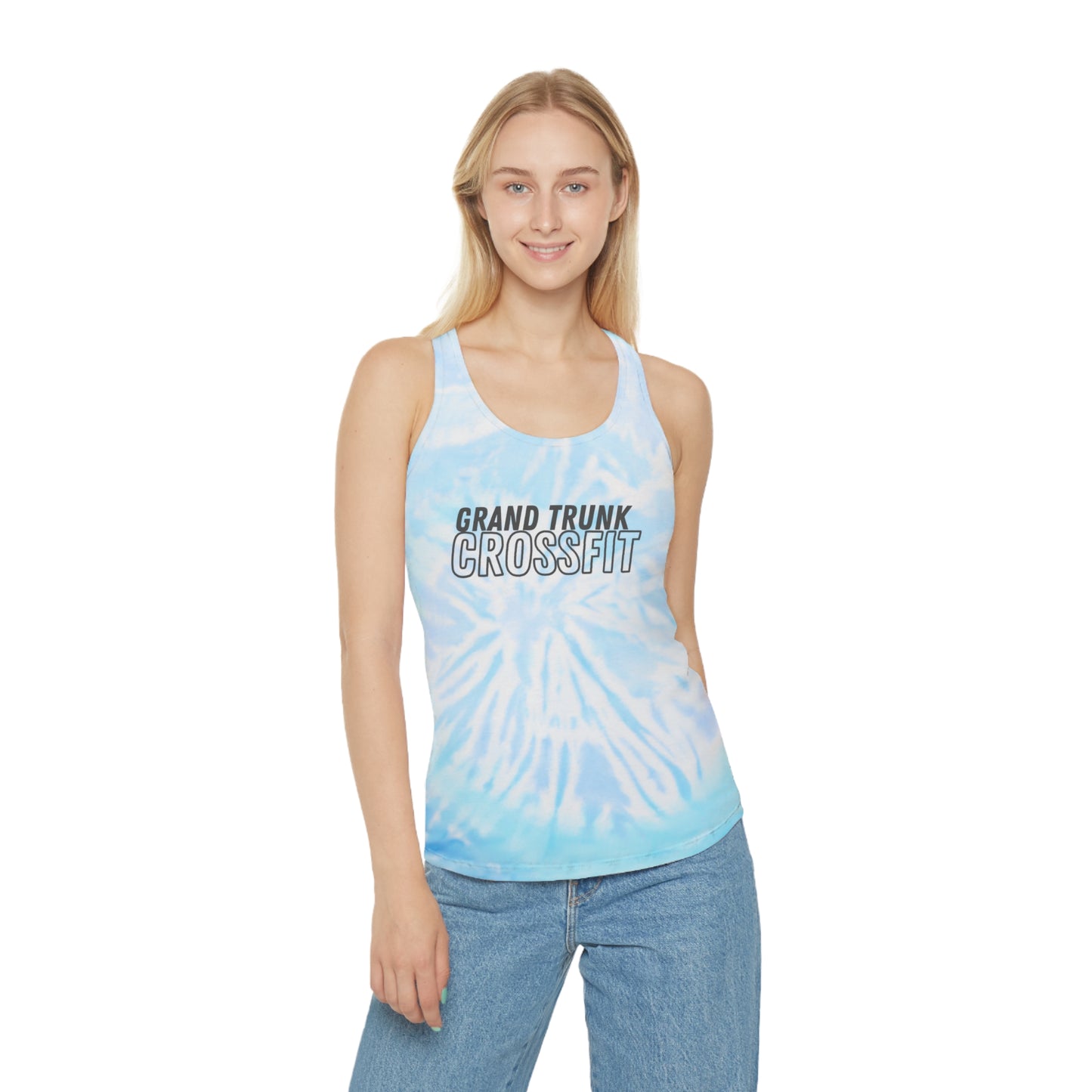 Blue Tie Dye Racerback Tank Top for Summer Workouts, Beach Days, Yoga, Nostalgic Vibes, Casual Wear, Gifts for Fitness Lovers