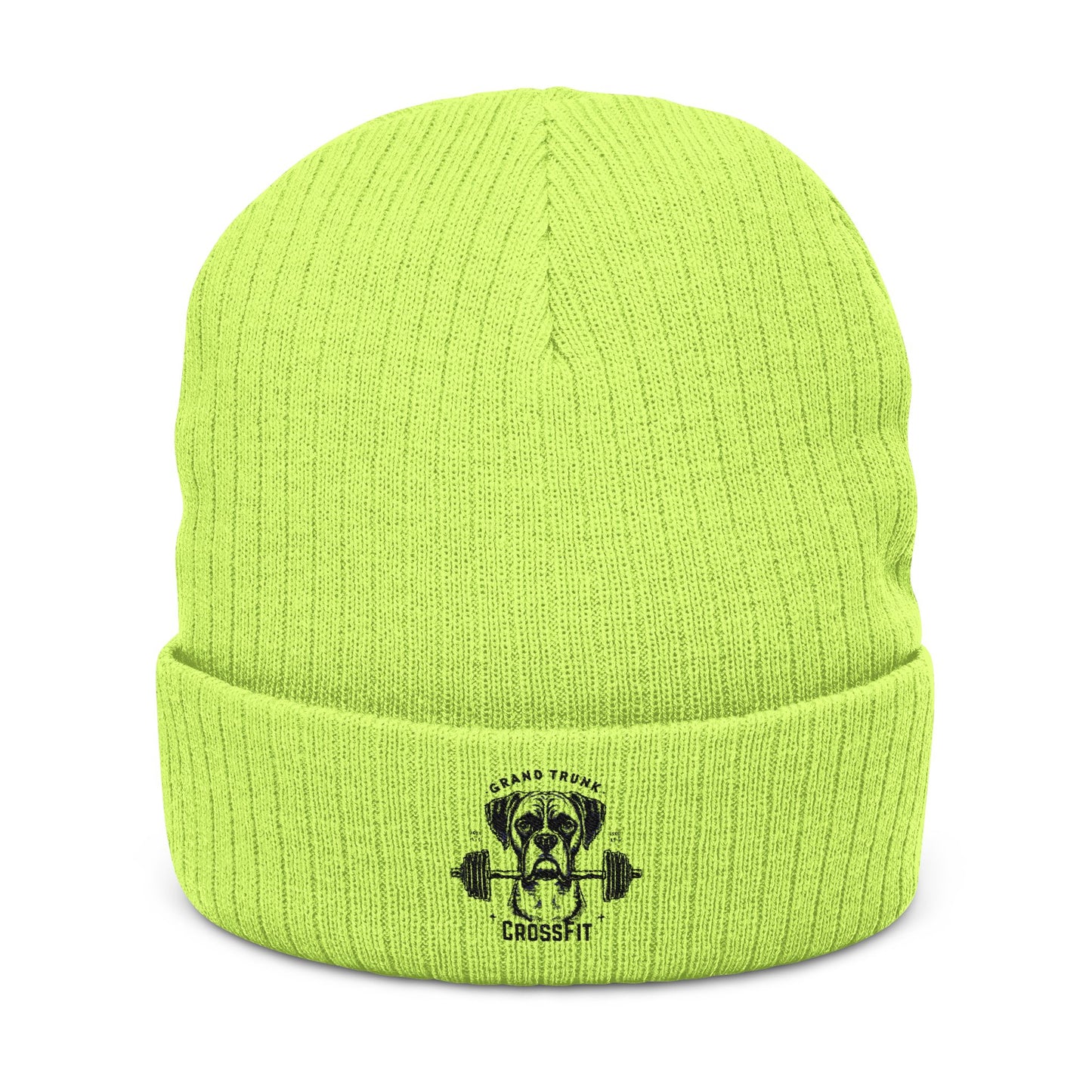 Embroidered Skull & Barbell Ribbed Knit Beanie — Fitness Gym Skull Cuffed Hat