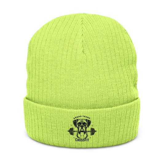 Embroidered Skull & Barbell Ribbed Knit Beanie — Fitness Gym Skull Cuffed Hat
